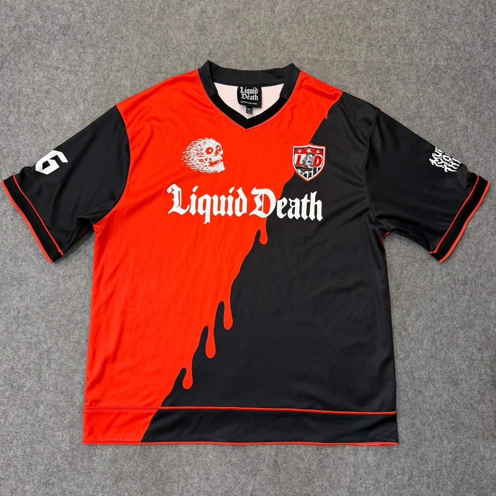Liquid Death Team Death Red Black Short Sleeve Soccer Jersey Men's Size 3XL